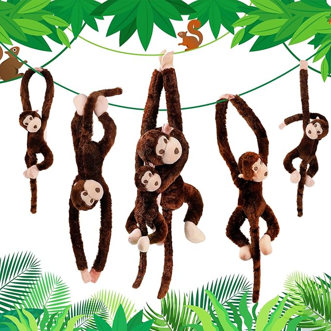 Hungdao 6 Packs Hanging Monkey Stuffed Jungle Animal Toy with Hook and Loop Jungle Party Hanging Plush Monkey for VBS Sunday School Classroom Party Decorations (24 Inch,32 Inch,Dark Brown)