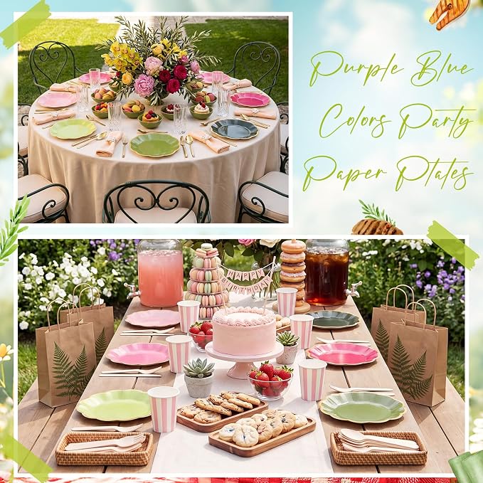 72 Pcs Pink and Green Paper Plates 9 Inch Pink and Green Guava Gradient Scalloped Paper Disposable Dinner Dessert Plates for Summer Birthday Wedding Bridal Party Supplies, 6 Colors