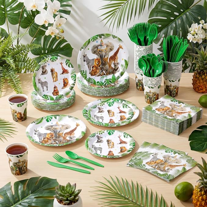 Funnymoom 400 Pcs Safari Happy Birthday Party Supplies for 50 Guests Jungle Animals Paper Plates and Napkins Knives Spoon Fork Cup Wild Animals Lion Tiger Dinner Sets for Zoo Birthday Party