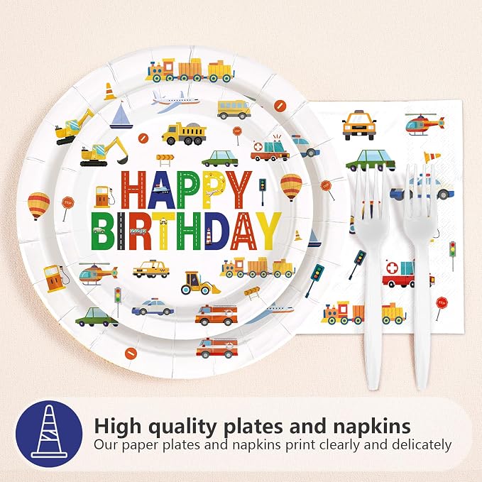 96Pcs 2nd Birthday Cars Party Supplies Transportation Theme Birthday Plates and Napkins Car Train Plane Sailboat Tableware Set for 2 Years Old Boy Vehicle Traffic Party Decorations Serves 24