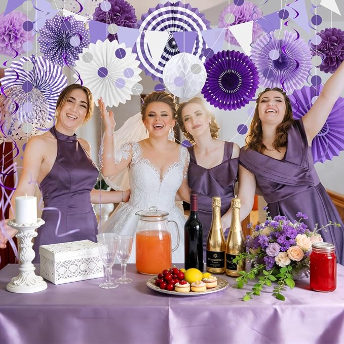 24 Pcs Purple Birthday Decorations Kit, Reusable Hanging Paper Fans Triangle Banner Tissue Pom Poms for Lavender Party Event and Wedding Graduation Bridal Shower Retirement