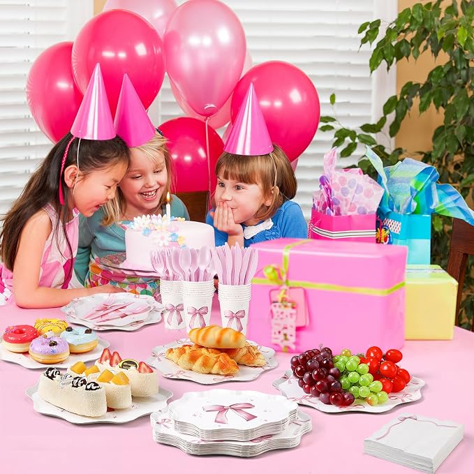 Ziliny 350 Pcs Bow Pink Party Supplies Tableware Set Disposable 9'' 7'' Paper Plates 9 oz Cups Cutlery Napkins Dinnerware Set for 1st Birthday, Serve 50 (Bow, Pink)