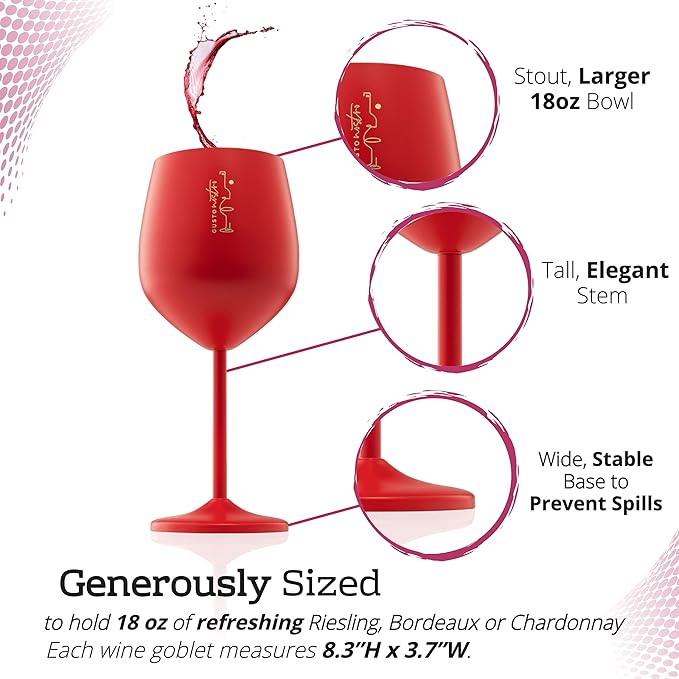 Gusto Nostro Valentine’s Day Gift Stainless Steel Wine Glass – 18 oz Red, Unbreakable Colorful Wine Glasses for Travel, Camping and Pool – Fancy Unique Metal Wine Glass for Outdoor, Picnics (Set of 2)