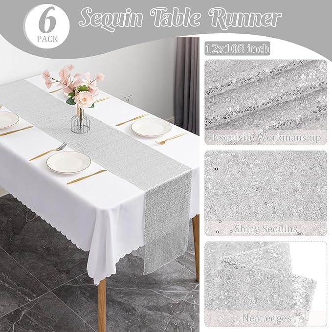 6 Pack Sequin Table Runner 12" x 108" Sparkle Table Runner for Baby Bridal Shower Wedding Birthday Party Table Decor (Silver)
