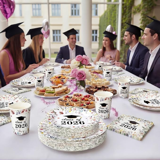 Hsei 250 Pcs Wildflower Graduation Disposable Plates and Napkins Floral Congrats Grad Disposable Tableware Set for 50 Guests Wildflower Paper Plates Napkins Cups for Girls Nurses Graduation Party