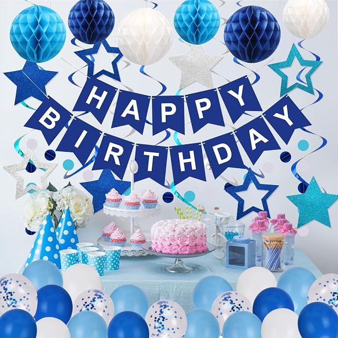Birthday Decorations, Happy Birthday Banner, Happy Birthday Balloons, Honeycomb Balls, Star Hanging Swirls,Circle Dots Garland, Suitable for Man and Boys Birthday Decorations Prince Party (Blue)