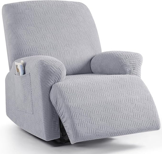 KinCam Recliner Covers, Stretch Reclining Chair Covers, Recliner Sofa Slipcovers Stripe Jacquard Recliner Couch Covers Furniture Protector Covers for Pet Kid (1 Seater, Silver Gray)