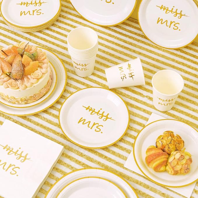 Crisky Gold Miss to Mrs Napkins Plates Cups Set for Bridal Shower Engagement Bachelorette Party Decorations Party Supplies, Disposable Tableware Set of 24 (9" & 7" Plates, Luncheon Napkin, 9oz Cups)