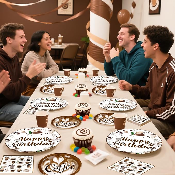 Grencian 96Pcs Brown Coffee Happy Birthday Party Decorations Supplies Coffee Theme Plates and Napkins Latte Art Disposable Tableware Set for Cappuccino Lover Adult Birthday Party Decorations Serve 24