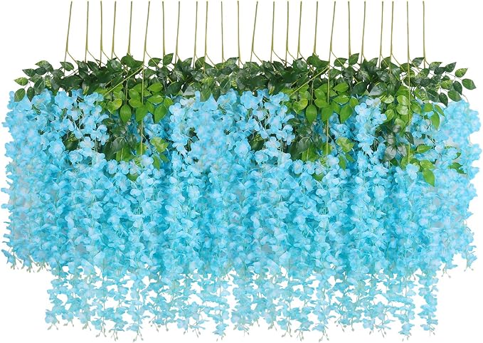 Pauwer Wisteria Hanging Flowers 12 Pack Fake Flower Garland Artificial Wisteria Vines Rattan Silk Flower String Wedding Party Wall Decorations,Blue