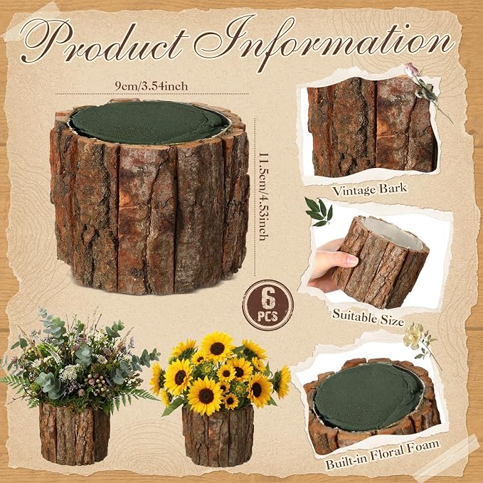 6 Set Wooden Vase for Centerpieces Wedding Flower Table Centerpieces Decor Rustic Bark Stump Bucket Farmhouse Wood Planter Pot for Woodland Party Window Home (Flower Foam,Medium)