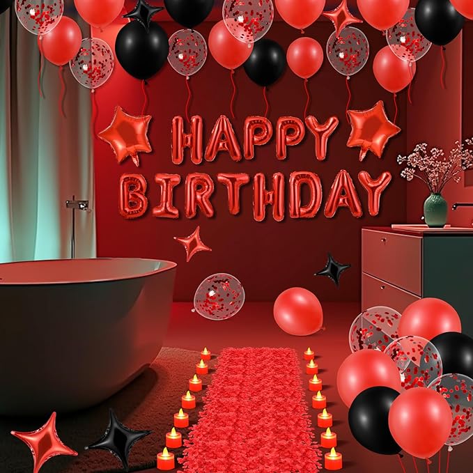 Red Happy Birthday Balloons Decorations Red and Black Birthday Balloon Letters Banner with 6 Pcs Star Balloons 1000 Artificial Rose Petals 24 Flameless LED Candles for Birthday Party Supplies Decor