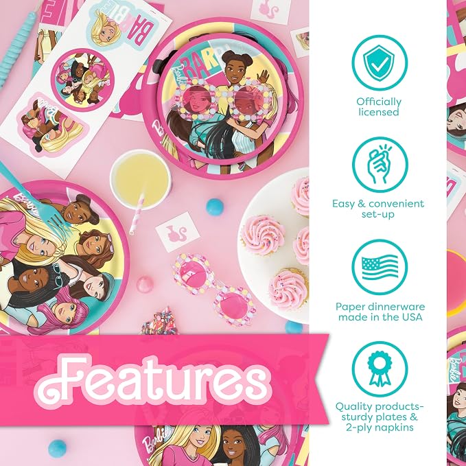 Barbie Birthday Party Decorations | Barbie Party Decorations | Serves 16 Guests | Balloons, Banner, Tablecover, Plates, Napkins, Button | Officially Licensed