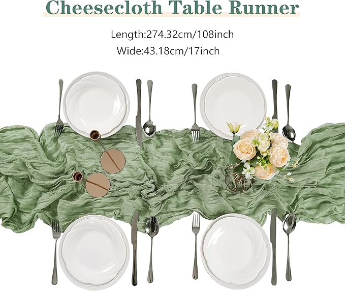 15 Pieces Sage Green Cheesecloth Table Runner, 17x108 Inch Long Boho Gauze Table Runner Rustic Decorations for Wedding Birthday Holiday Party Baby Shower Table Decor