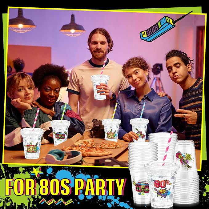 FoldTier 50 Pcs 80's Party Cups Disposable Plastic Cup 12 Oz G Back to 80s mugs Thick 80s Theme Clear mug Lids Straws Retro Music Party Supplies Throwback Dance Birthday Favor Table Decorations