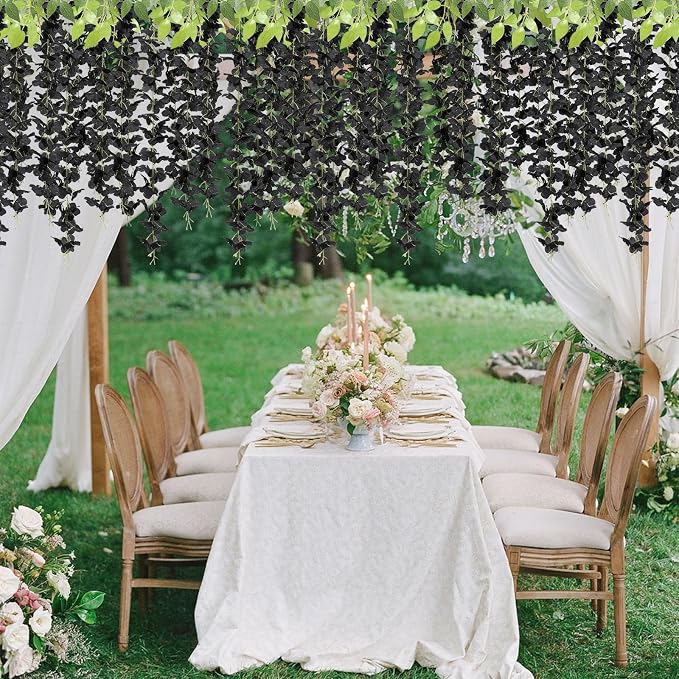 U'Artlines 24 Pack (Total 86.4 Feet) Artificial Fake Wisteria Vine Rattan Hanging Garland Silk Flowers String Home Party Wedding Decor (24, Black)