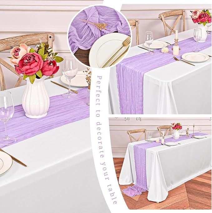 24 Pack Lavender Cheesecloth Table Runner ,10FT Cheese Cloth Table Runner for Wedding Decor, 20x120inch Rustic Boho Gauze Table Runners for Wedding Party Bridal Shower