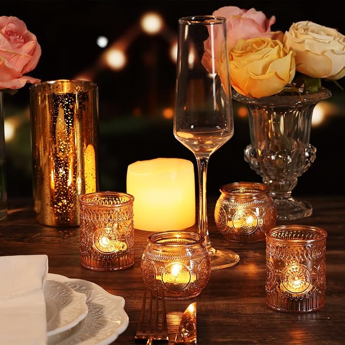 12pcs Assorted Gold Candle Holders, Votive Candle Holders, Glass Tea Lights Candle Holder for Christmas Decorations, Wedding Decorations, Vintage Boho Home Tea Party Decor,