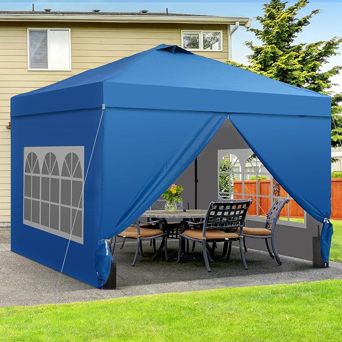 GDY 10x10 Pop Up Canopy Tent with 4 Sidewalls, Easy Set up with One Push Lift Outdoor Silver Coated Beach Gazebos, Carpas with 4 Sandbags, for Events, Parties, and Camping, Blue.