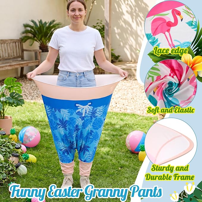 21 Pcs Hawaiian Luau Party Game Set, 4 Summer Theme Giant Granny Pants with 1 Pump 12 Beach Balls & 4 Funny Tropical Palm Flamingo Glasses, Outdoor Tossing Activity for Family Adults