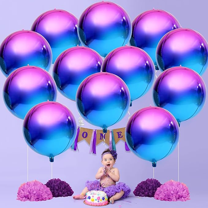 KatchOn, Purple Galaxy Balloons - 22 Inch, Pack of 12 | Round 4D Metallic Iridescent Balloons for Galaxy Birthday Party Decorations | Purple and Blue Balloons for Mermaid Party Decorations