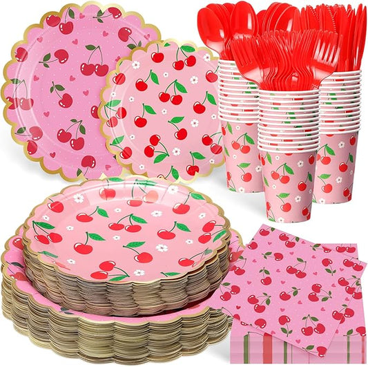 Funnymoom 400 Pcs Cherry Party Supplies for 50 Guest Cute Fruit Birthday Disposable Plates Napkin Cup Spoon Fork Knives for Summer Picnic Wedding Birthday Baby Shower Bridal Party Supplies