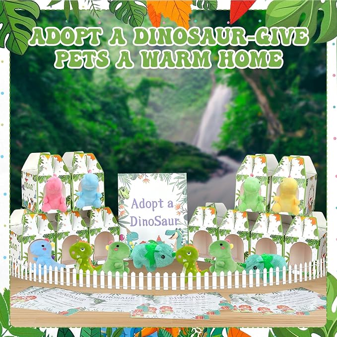 38 Pcs Adopt a Dinosaur Pet Party Favors Include 12 Mini Dinosaur Stuffed Animals 12 Foldable Boxes 12 Adopt Dinosaur Cards 1 Adopt Sign 1 Adopt Fence for Adopt a Pet Party (Plush)