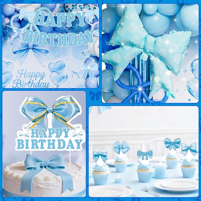 189pcs Blue Bow Coquette Birthday Decorations Soft Blue Aesthetic Party Set with Banner Backdrop Foil Balloons Table Cloth Fringe Curtain Hanging Swirls Cake Topper, Dreamy Romantic Decor Supplies