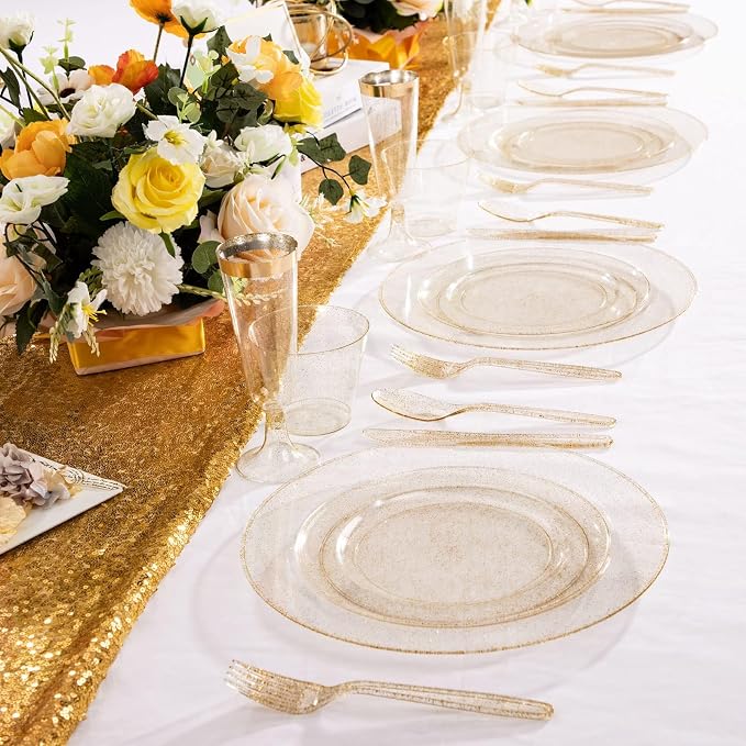 WDF 360 Gold Plastic Silverware - Disposable Gold Glitter Cutlery - Plastic Silverware inluding 120Forks, 120 Spoons, 120 Knives for Wedding Baby Shower Spring Birthday