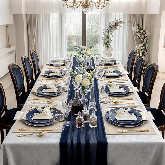 NOCCUR 175PCS Blue Plastic Plates with Disposable Silverware - Include 50 Blue Disposable Plates with Gold Rim,75 Gold Cutlery,25 Cups,25Napkins for Party/Wedding/Graduation/Independence Day