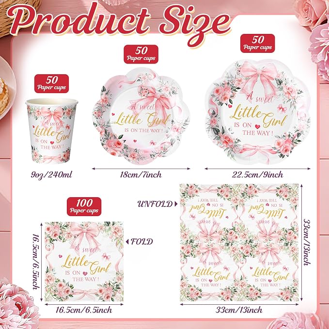 250 Pcs a Sweet Little Girl Is on The Way Baby Shower Plates and Napkins Pink Bow Baby Shower Disposable Plates and Napkins Floral Birthday Tableware Dinnerware for 50 Guests Birthday Party Supplies