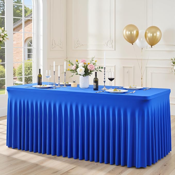 2 Pack 6ft Royal Blue Spandex Table Cloths for Rectangle Tables Wrinkle Free Rectangle Tablecloths, Stretch Fitted Table Cover with Skirt for Birthday Party Wedding Banquet Baby Shower Buffet Event