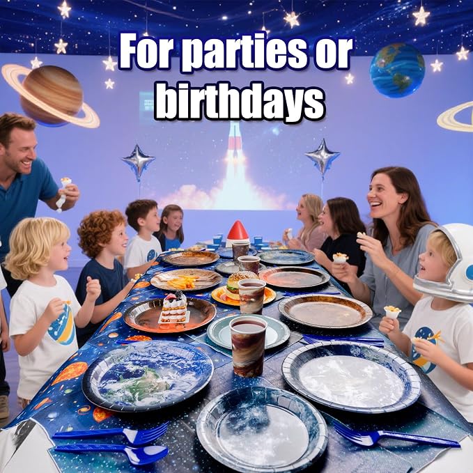 355pcs Space Birthday Decorations for 50 Guests Party Supplies Include Paper Plate, Napkin, Cup and Disposable Plastic Tableware