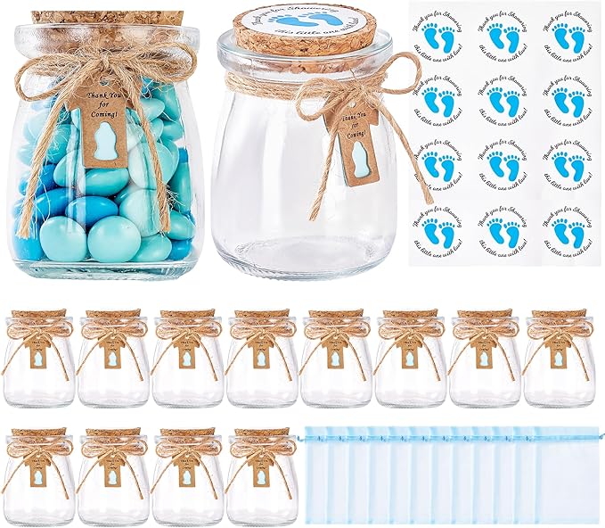 12 Pcs Baby Shower Party Favors for Guests, Baby Shower Gifts for Guest, 3.4 oz Small Glass Mason Jars with Cork Lids, Stickers, Label Tags, Twine, Organza Bags, Mini Candy Jar Favors for Boy