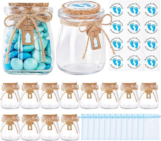 12 Pcs Baby Shower Party Favors for Guests, Baby Shower Gifts for Guest, 3.4 oz Small Glass Mason Jars with Cork Lids, Stickers, Label Tags, Twine, Organza Bags, Mini Candy Jar Favors for Boy