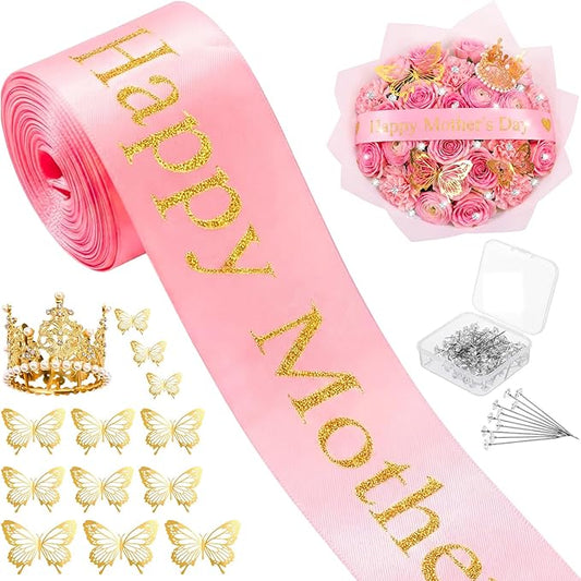 Zeyune 114 Pcs Flower Bouquet Accessories Includes 2 in x 5 Yard Glitter Mother's Day Satin Ribbon, Gold Bouquet Crown, Butterfly Decor and Rhinestone Flower Pin for Birthday Wedding Baby Shower