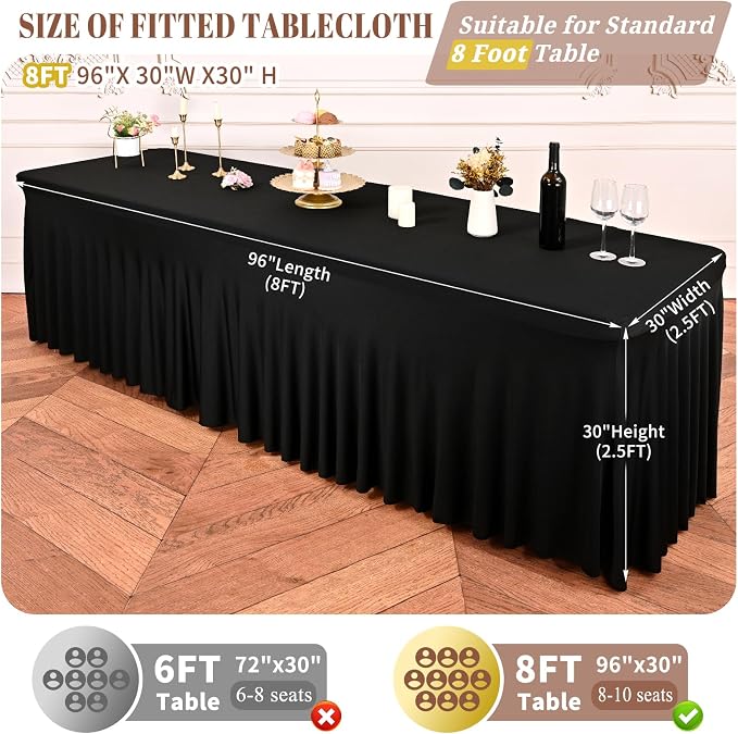 6 Packs Black Stretch Table Skirts for 8 Foot Rectangle Table, Washable Spandex Stretch Tablecloths with Skirt, Wrinkle Resistant Fitted Tablecover for Wedding Party Banquet