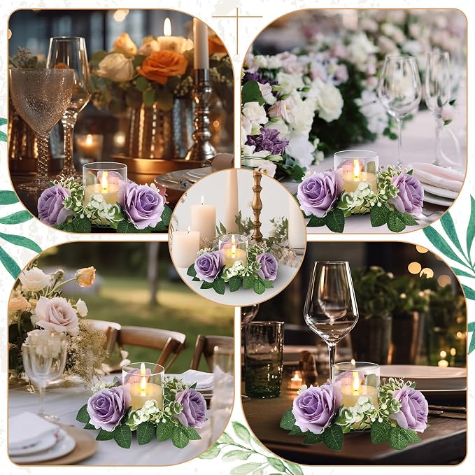 Yunlly 20 Pcs Rose Candle Rings with Flameless Candles Sets, Artificial Flower Eucalyptus Wedding Centerpiece 3 Inch Pillar Candleholders Wreaths for Wedding Party Mother's Day (Purple)