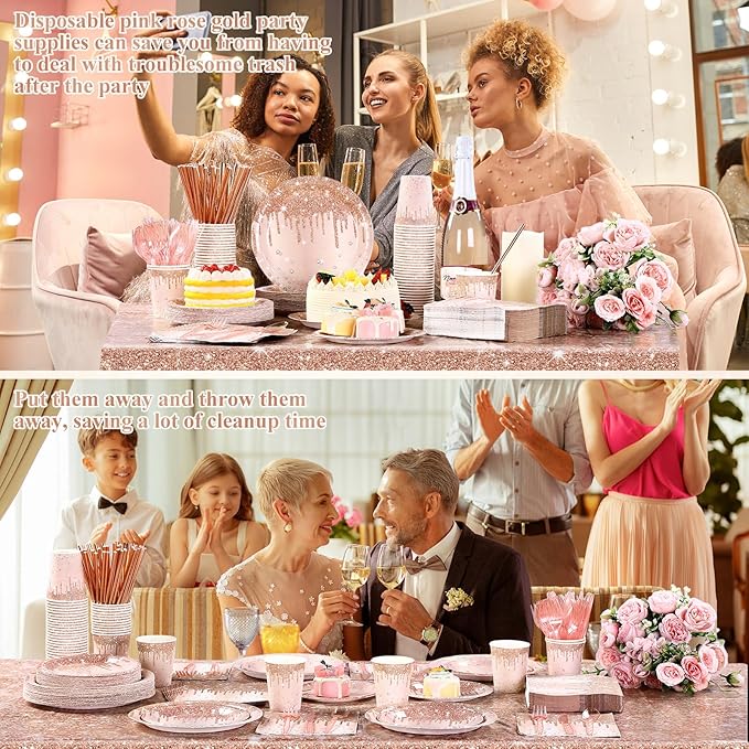 Funnymoom 452 Pcs Rose Gold Party Supplies Birthday Decorations Include Glitter Rose Gold Paper Plates and Napkins Cups Tablecloth Cutlery Straws Disposable Tableware Set for Women Birthday