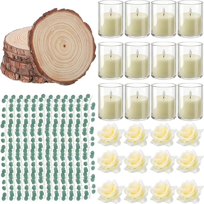 VIHOSE 60 Pcs Wooden Wedding Candle Centerpiece Includes 6.3"-7.1" Round Wood Slices, Eucalyptus Garlands, Flameless LED Candles and Artificial Roses for Wedding Country Farmhouse Table Decor, 12 Sets
