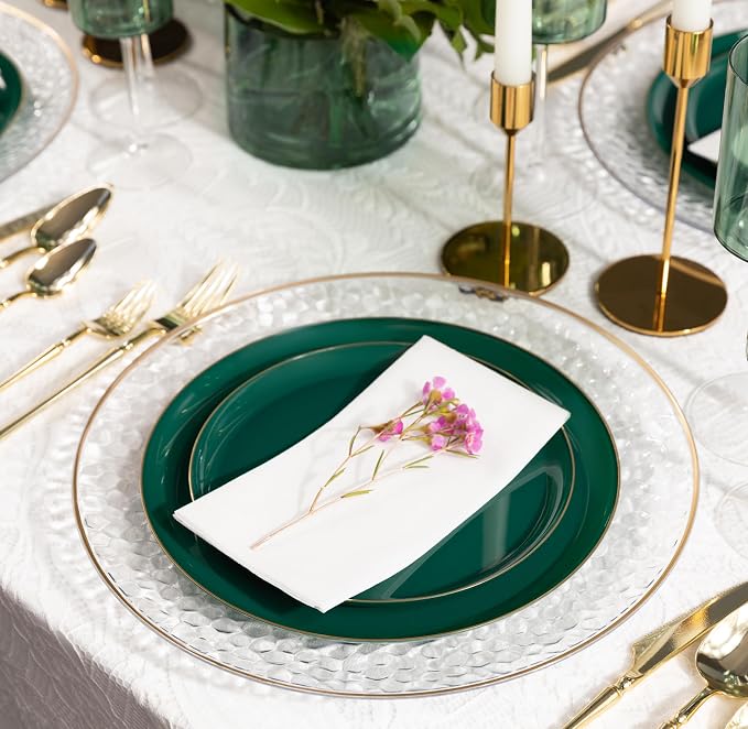 PLASTICPRO 80 Piece Combo Plates Set includes 40-6.3'' inch Plates & 40-8.6'' inch Plate Emerald Green Plastic with Gold Rim Design Party, Festival, Wedding, Premium Elegant