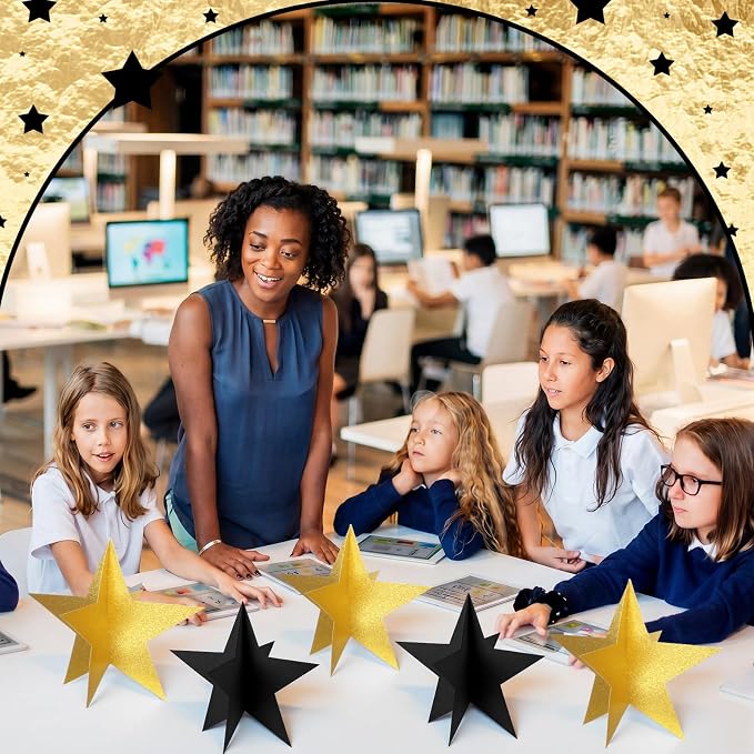 Sinload 18 Pcs Large 3D Glitter Star Decorations Back to School Work Black Gold Star Centerpiece Standing Hanging Decor for School Centerpiece Starry Movie Night Themed Party Decor