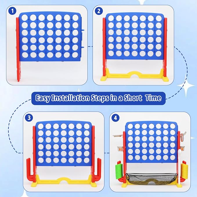 Giant 4-in-A Row Connect Game Set, Height Adjust Jumbo Yard Game for Kids & Adults w/Mesh Catching Bag, Basketball Hoop, Ring Toss & Mini Golf, Family Party 4-to-Score Indoor/Outdoor Games