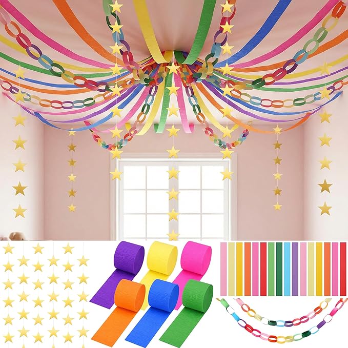 700 Sheet Paper Chain Strips and Star Garland Set, Rainbow Paper Chains and 52 ft Gold Stars Decor with 492 ft Crepe Paper Streamers for DIY Crafts Pride Month Birthday Wedding Theme Party
