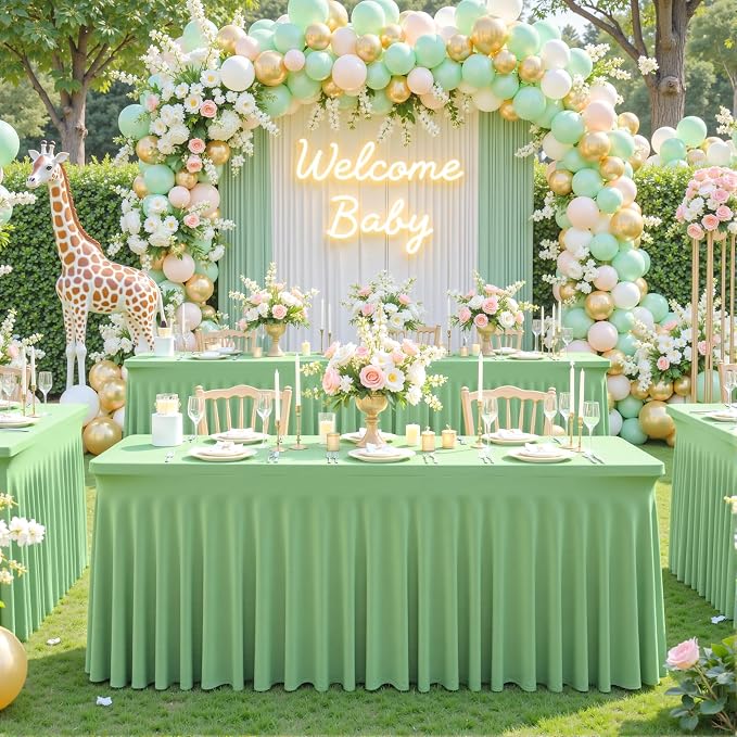 6 Pack Sage Green Table Cloth for 8 Foot Rectangle Tables Spandex Fitted Tablecloth 8ft Stretch Table Covers Skirt Green Banquet Tablecloths Wrinkle Free Tablecloth for Party Wedding Birthday Event