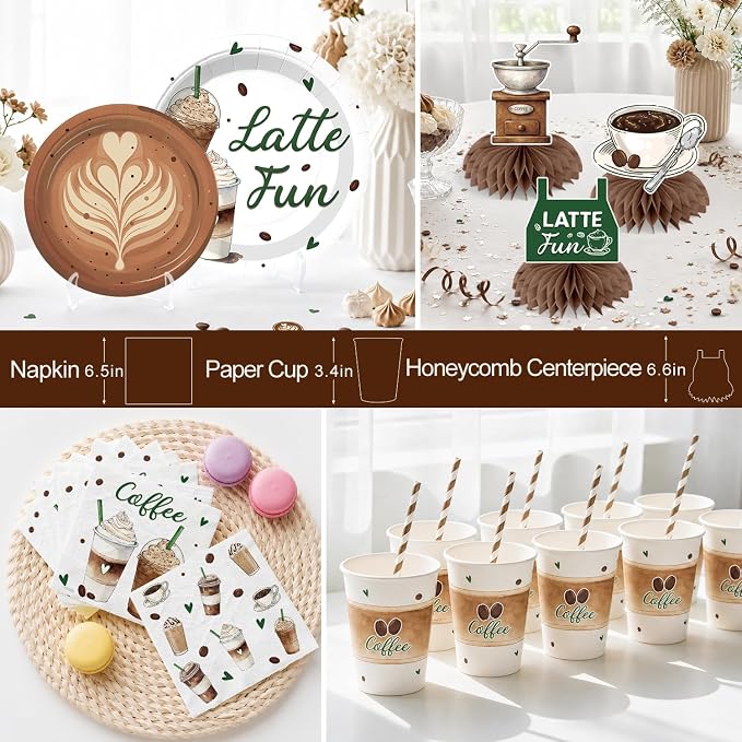 213pcs Coffee Birthday Decorations, Serves 25 People, Includes Pre-Strung Banner, Heavy-Duty 350gsm Paper Plates, Waterproof & Oil-Proof Disposable Plastic Tablecloths