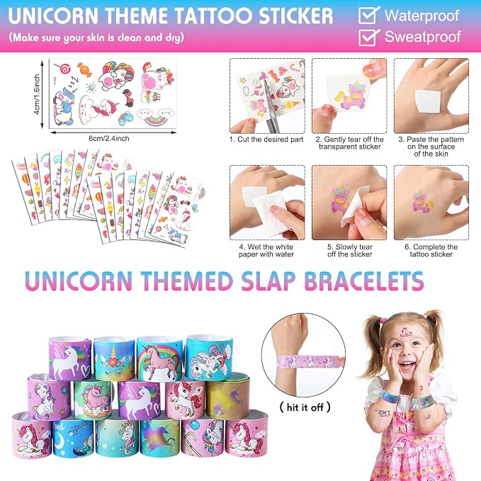 Qilery 195 Pcs 16 Guests Unicorn Birthday Party Favors for kids Includes Plastic Cup with Lid Straw Keychain Bracelet Ring Stamper Stickers Tag for Party Favors Piñata Filling