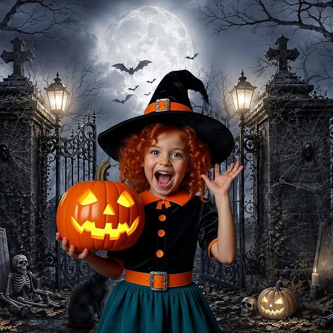 10x8ft Halloween Backdrop Spooky Cemetery Castle Full Moon Pumpkin Black Cat Skeleton Photography Background, Horror Fall Party Decor Photo Booth Props, Kids Birthday Studio Wall Decor Banner