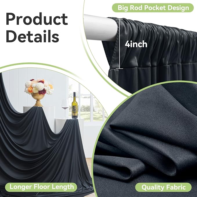 50ftx14FT Wrinkle Free Black Backdrop Curtain, 10 Panels 14FT Height Black Wedding Backdrop Drapes, Silky Polyester Back Drop Cloth for Birthday Photography Background Party Backdrop Draping