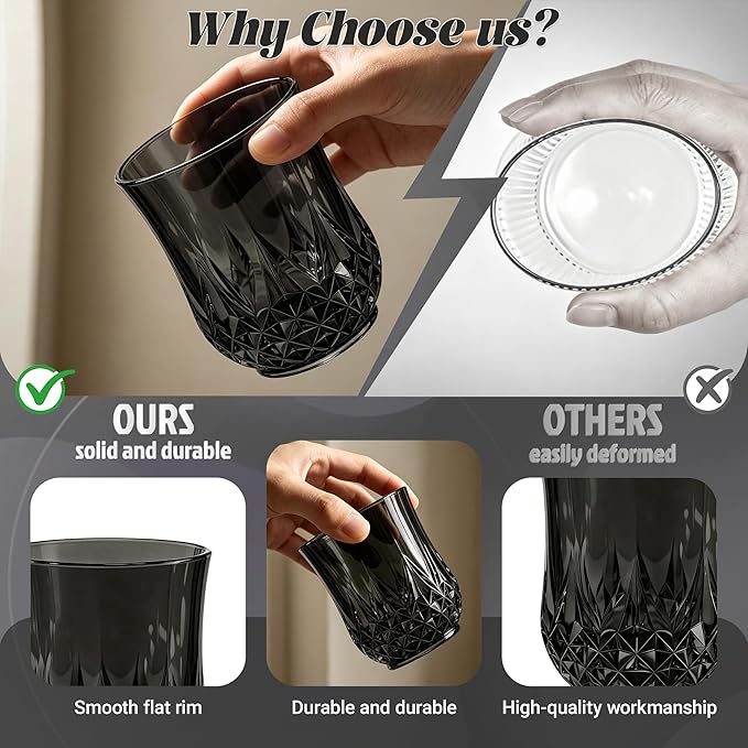 40 Pack Plastic Stemless Wine Glasses,12oz Unbreakable Vintage Elegant Drinking Glass Set,Reusable Fancy Cocktail Cups for Party, Wedding, and Bulk Events (40, 12oz-Black)